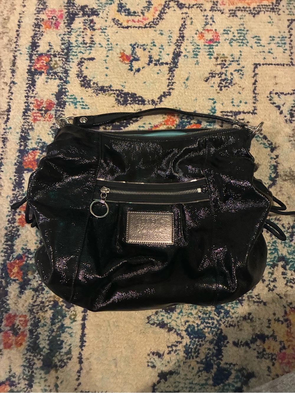 Coach Shimmery Black Shoulder Bag with Front Zip Pocket